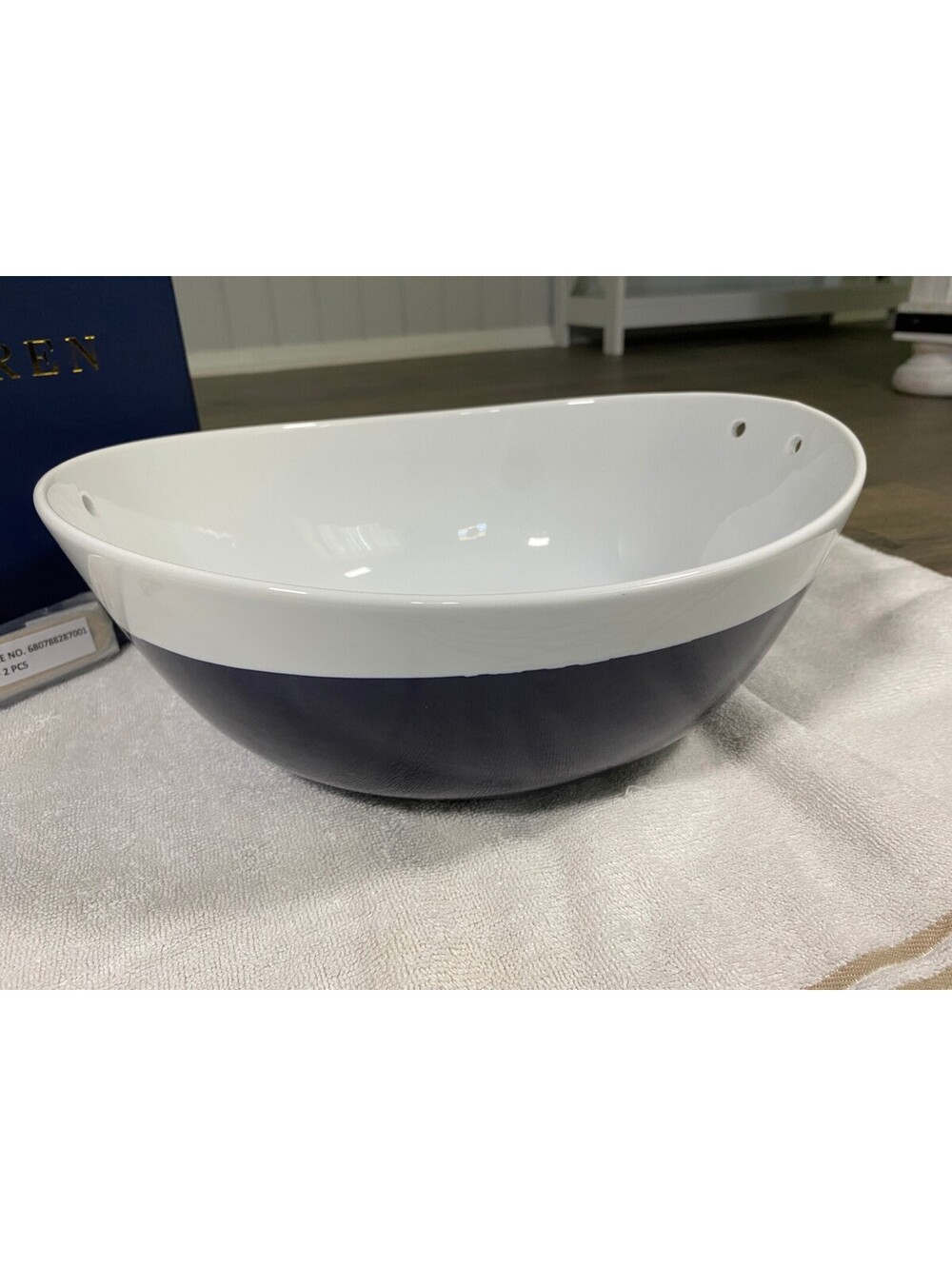 Ralph Lauren Home Wyatt Salad Bowl Leather Handles New In Box Porcelain 12"